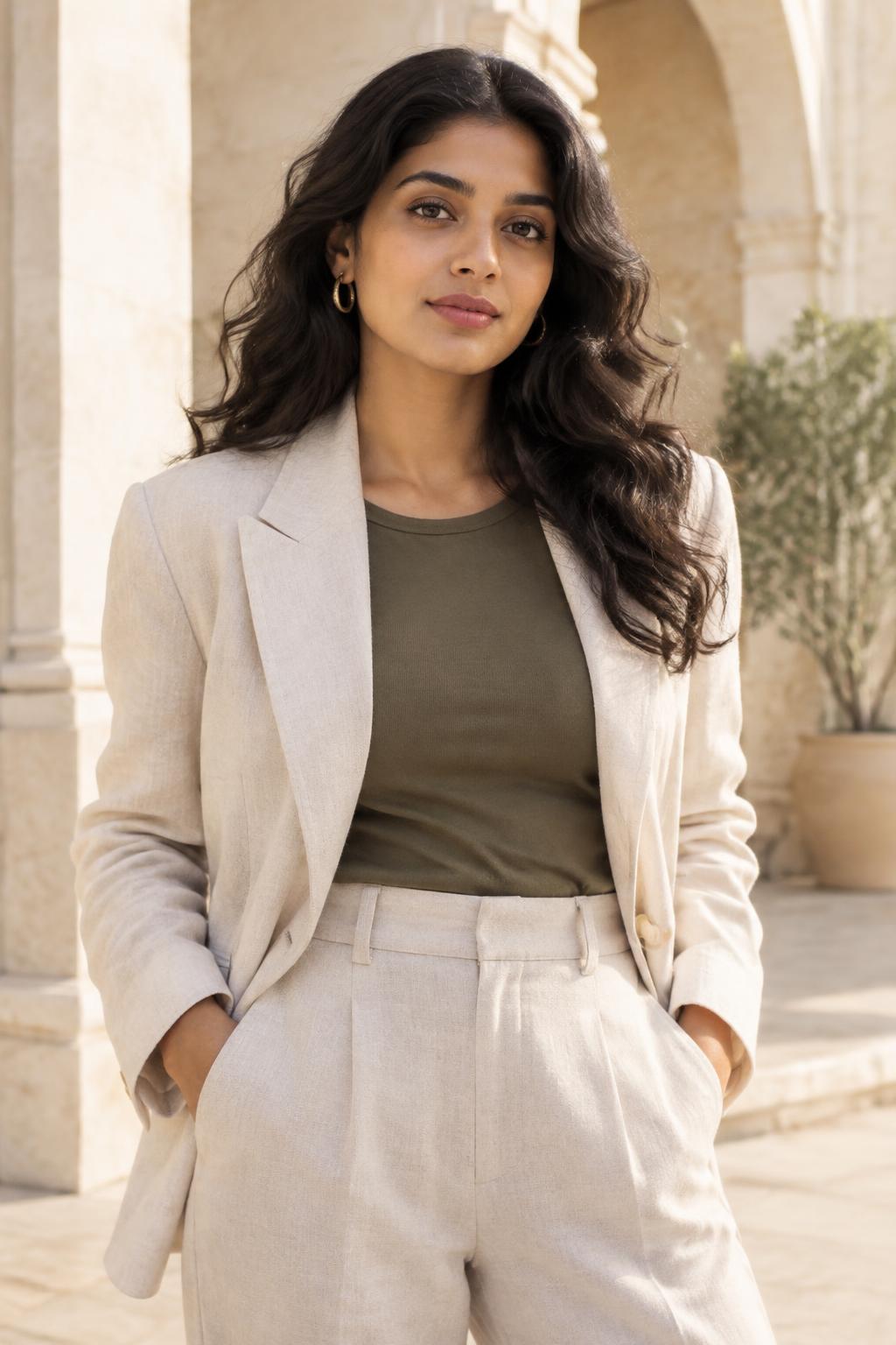 Indian model in warm editorial tailoring